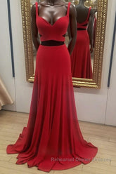 Two Pieces Red Long Semi Formal Prom Dresses, 2 Pieces Red Long Formal Evening Dresses